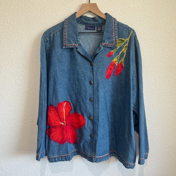Vintage Jackets & Blazers - VTG Womens 1X Hibiscus Beaded Denim Jacket Boho Festival‎ Floral Shacket Blue